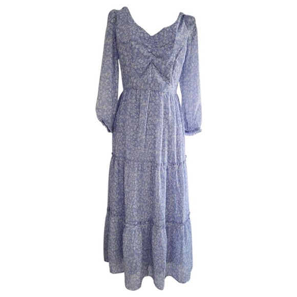 Sincerely Jules Blue Floral Smocked Tiered Maxi Dress XS Cottagecore Boho Puffy - Picture 1 of 13